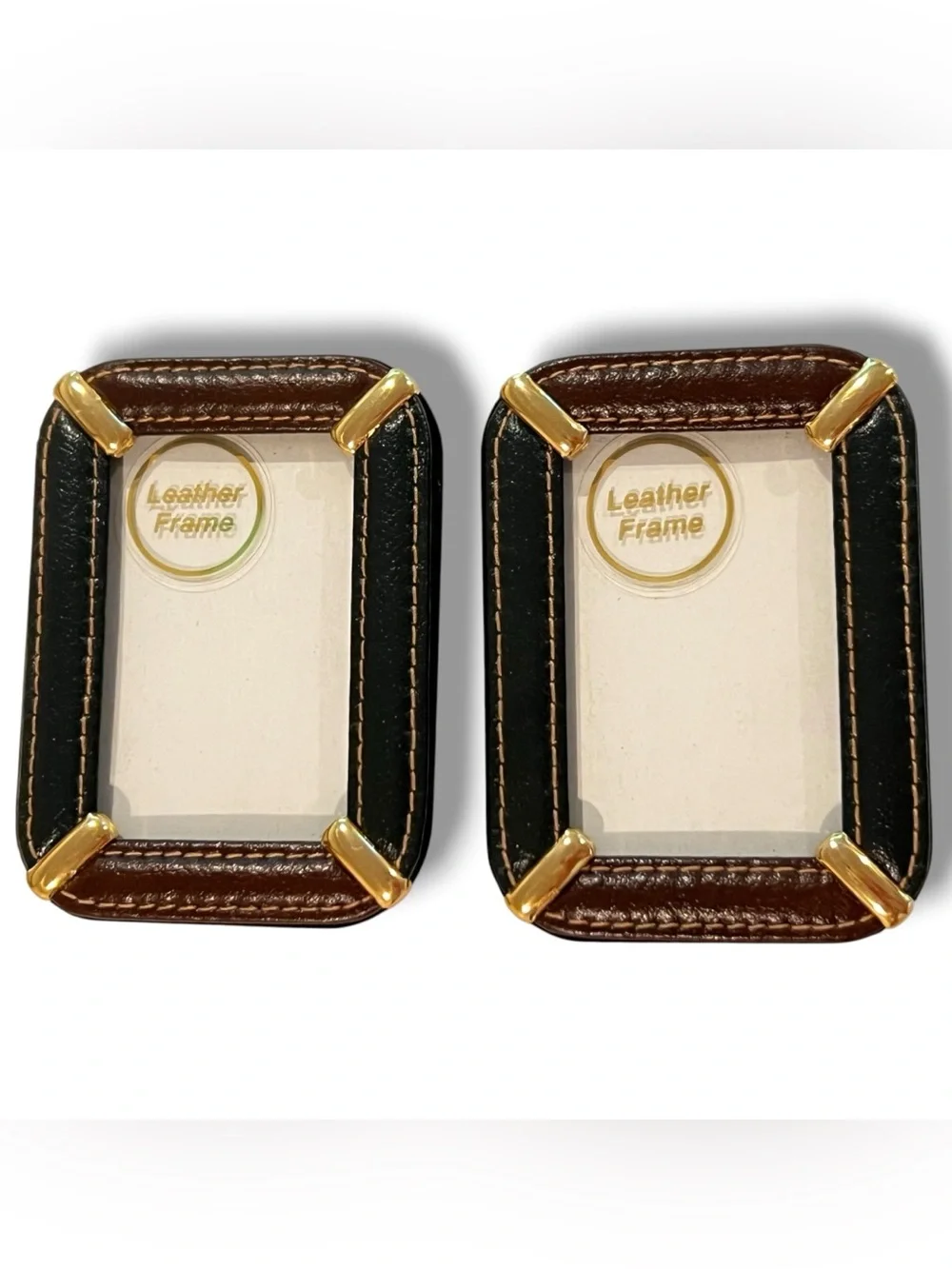 Lot Of 2- Leather Photo Frame 2'x3' Brown Dark Green Brass NEW E-6